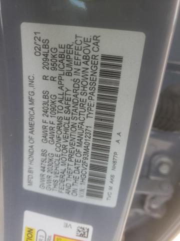 1HGCV2F93MA012371 - 2021 HONDA ACCORD TOURING GRAY photo 13