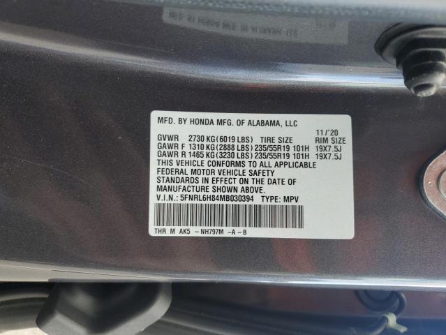 5FNRL6H84MB030394 - 2021 HONDA ODYSSEY TOURING GRAY photo 13