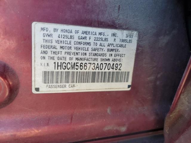 1HGCM56673A070492 - 2003 HONDA ACCORD EX Bordeaux Foto 12