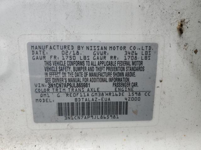 3N1CN7AP9JL865981 - 2018 NISSAN VERSA S თეთრი ფოტო 12