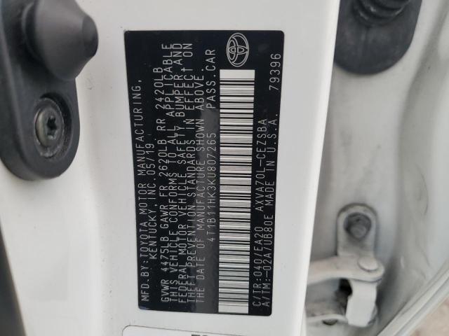4T1B11HK3KU807265 - 2019 TOYOTA CAMRY L თეთრი ფოტო 12