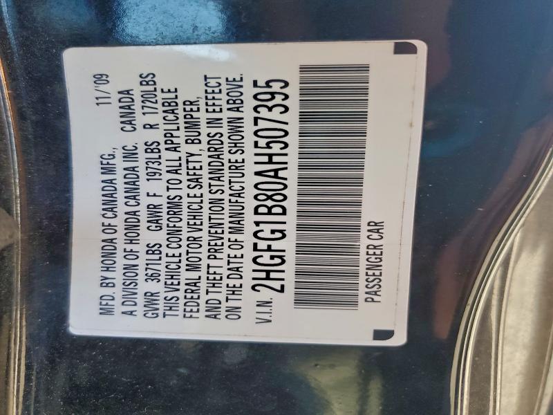 2HGFG1B80AH507395 - 2010 HONDA CIVIC EX BLACK photo 12