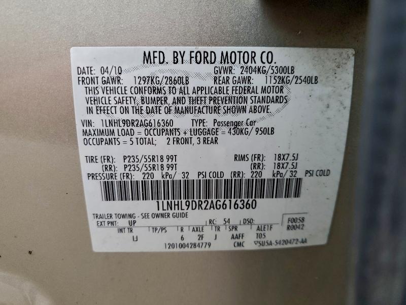 1LNHL9DR2AG616360 - 2010 LINCOLN MKS TAN photo 12