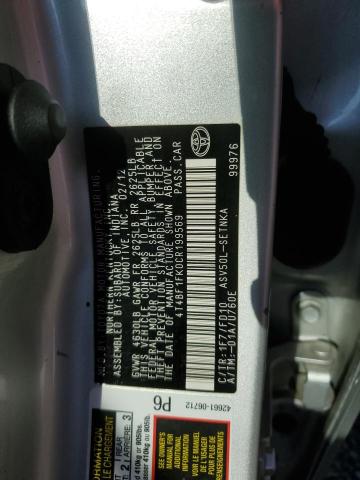 4T4BF1FK0CR199569 - 2012 TOYOTA CAMRY BASE SILVER photo 12