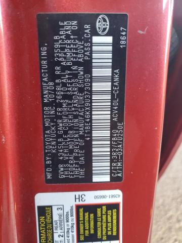 4T1BE46KX9U373090 - 2009 TOYOTA CAMRY BASE RED photo 12