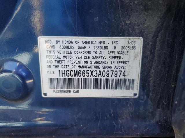 1HGCM665X3A097974 - 2003 HONDA ACCORD EX BLUE photo 12