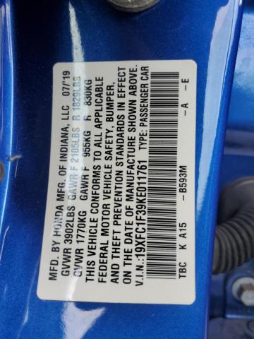 19XFC1F39KE011761 - 2019 HONDA CIVIC EX BLUE photo 12