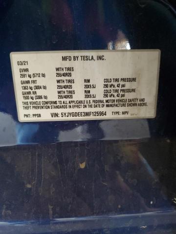 5YJYGDEE3MF125964 - 2021 TESLA MODEL Y 蓝色 照片 12