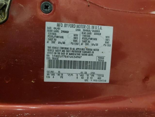 1FMZU77E41UC54967 - 2001 FORD EXPLORER S RED photo 12