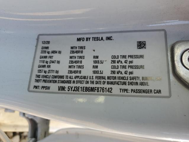 5YJ3E1EB6MF876142 - 2021 TESLA MODEL 3 Blanc photo 13