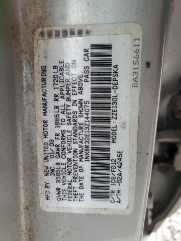 1NXBR32E13Z144075 - 2003 TOYOTA COROLLA CE SILVER photo 12