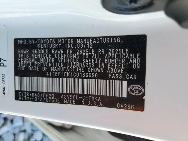 4T1BF1FK4CU166696 - 2012 TOYOTA CAMRY BASE 白色 照片 12