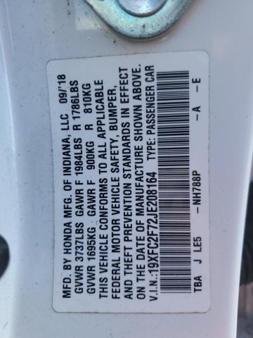 19XFC2F72JE208164 - 2018 HONDA CIVIC EX Beyaz fotoğraf 12