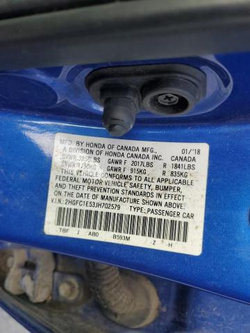2HGFC1E53JH702579 - 2018 HONDA CIVIC SI BLUE photo 12