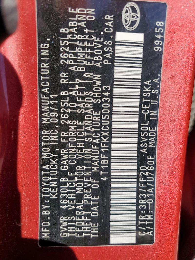 4T1BF1FKXCU500343 - 2012 TOYOTA CAMRY BASE RED photo 13