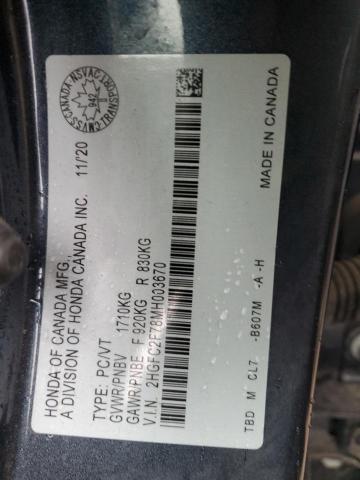 2HGFC2F78MH003670 - 2021 HONDA CIVIC EX ლურჯი ფოტო 12