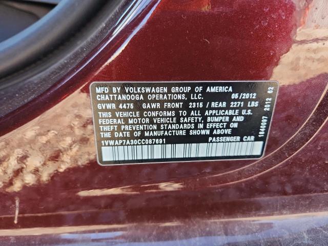 1VWAP7A30CC087691 - 2012 VOLKSWAGEN PASSAT S 勃艮第红 照片 12