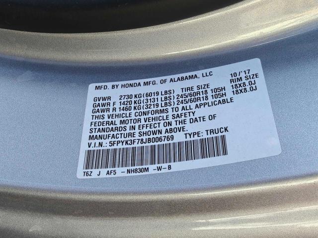 5FPYK3F78JB006769 - 2018 HONDA RIDGELINE RTL Серебристый фото 10
