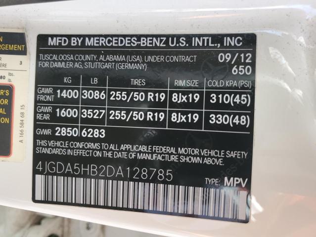 4JGDA5HB2DA128785 - 2013 MERCEDES-BENZ ML 350 4MATIC WHITE photo 13