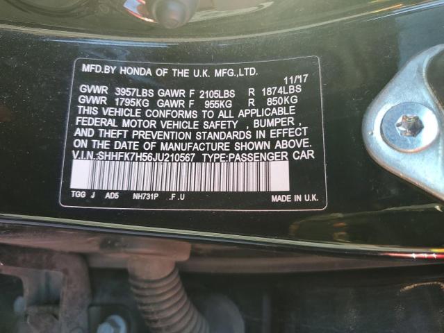 SHHFK7H56JU210567 - 2018 HONDA CIVIC EX შავი ფოტო 12