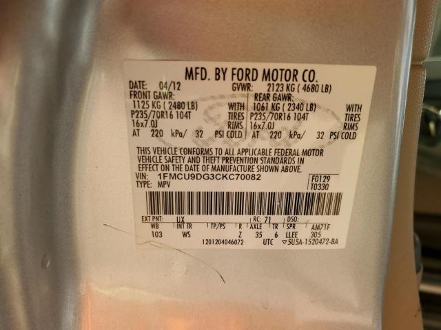 1FMCU9DG3CKC70082 - 2012 FORD ESCAPE XLT SILVER photo 13