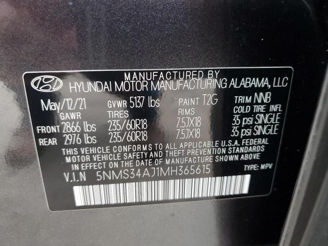 5NMS34AJ1MH365615 - 2021 HYUNDAI SANTA FE SEL შავი ფოტო 13