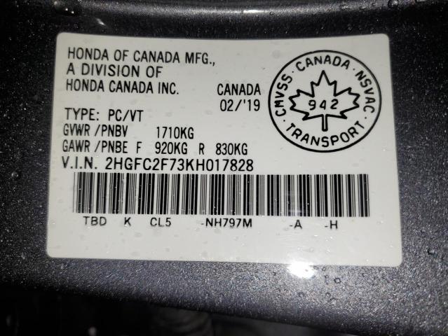 2HGFC2F73KH017828 - 2019 HONDA CIVIC EX ნაცრისფერი ფოტო 12