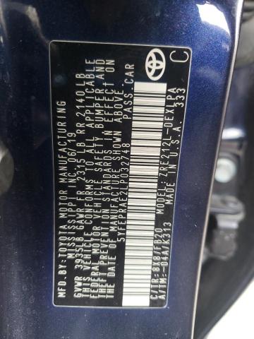 5YFEPRAE2LP032748 - 2020 TOYOTA COROLLA LE BLUE photo 12