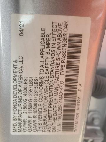 19UUB5F51MA014700 - 2021 ACURA TLX TECH A SILVER photo 12