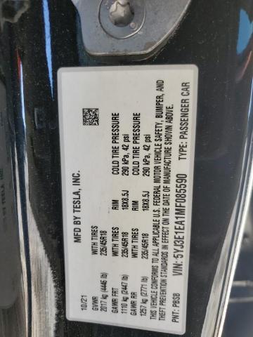 5YJ3E1EA1MF085590 - 2021 TESLA MODEL 3 黑色 照片 12
