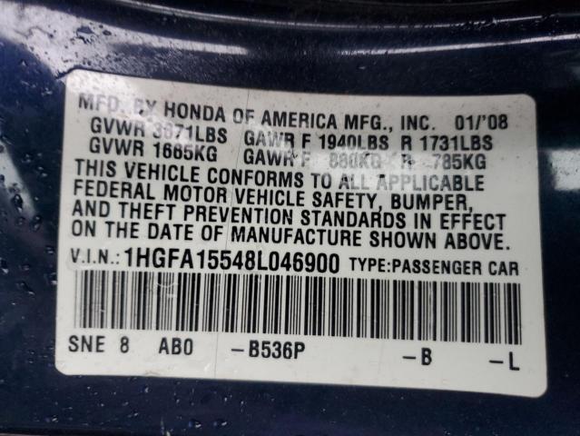 1HGFA15548L046900 - 2008 HONDA CIVIC LX BLUE photo 12