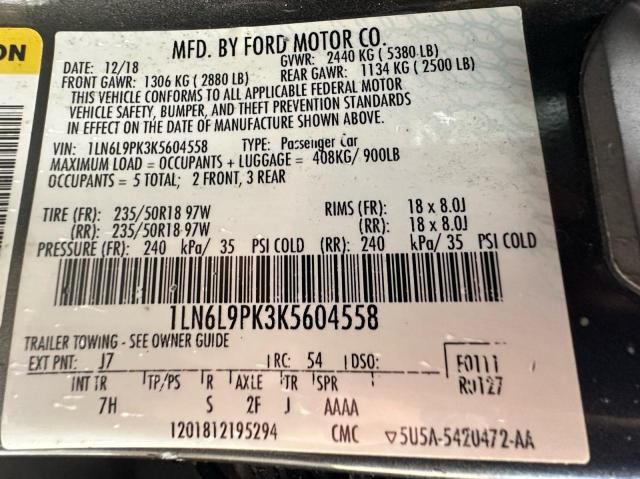 1LN6L9PK3K5604558 - 2019 LINCOLN CONTINENTA ნაცრისფერი ფოტო 10