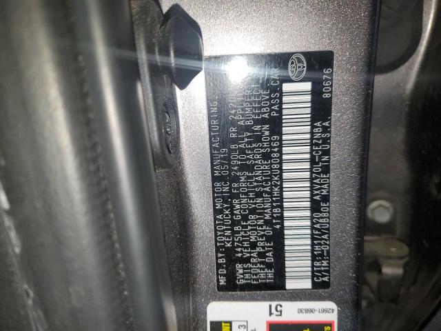 4T1B11HK2KU808469 - 2019 TOYOTA CAMRY L GRAY photo 13