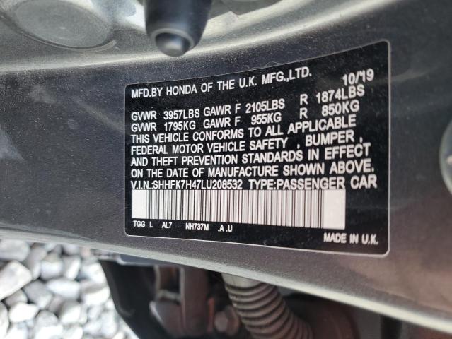 SHHFK7H47LU208532 - 2020 HONDA CIVIC SPORT Szary zdjęcie 13