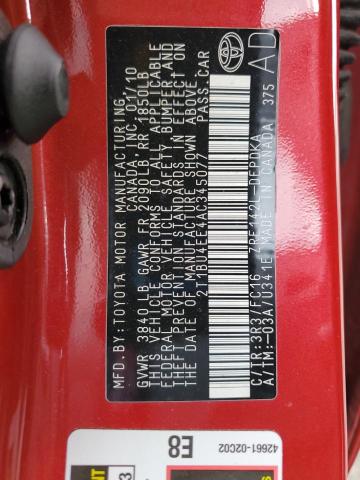 2T1BU4EE4AC345077 - 2010 TOYOTA COROLLA BASE RED photo 12