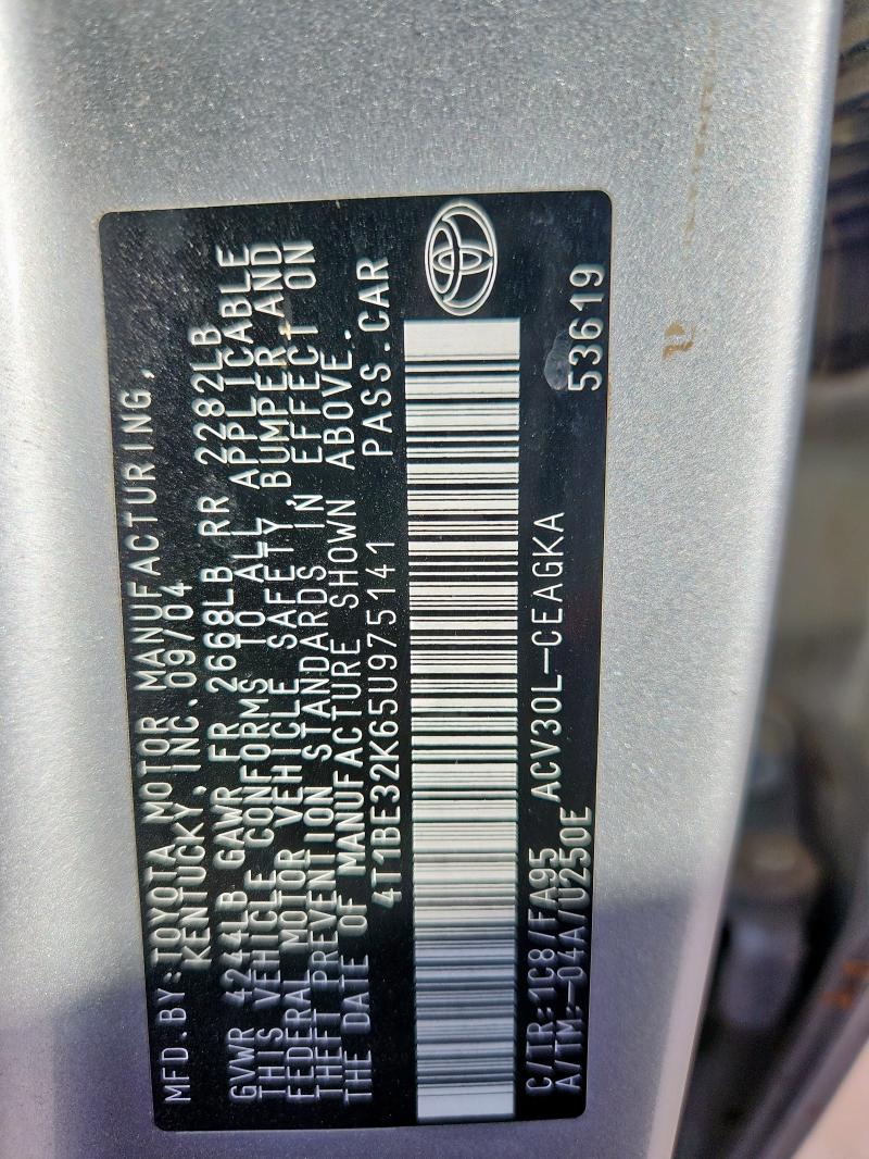 4T1BE32K65U975141 - 2005 TOYOTA CAMRY LE SILVER photo 12