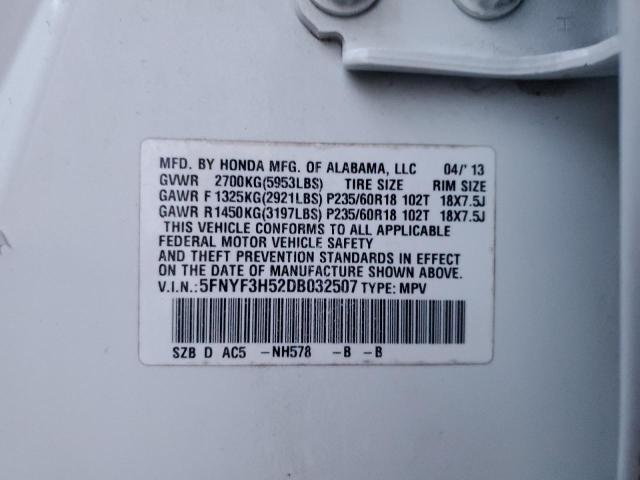 5FNYF3H52DB032507 - 2013 HONDA PILOT EXL Սպիտակ լուսանկար 13