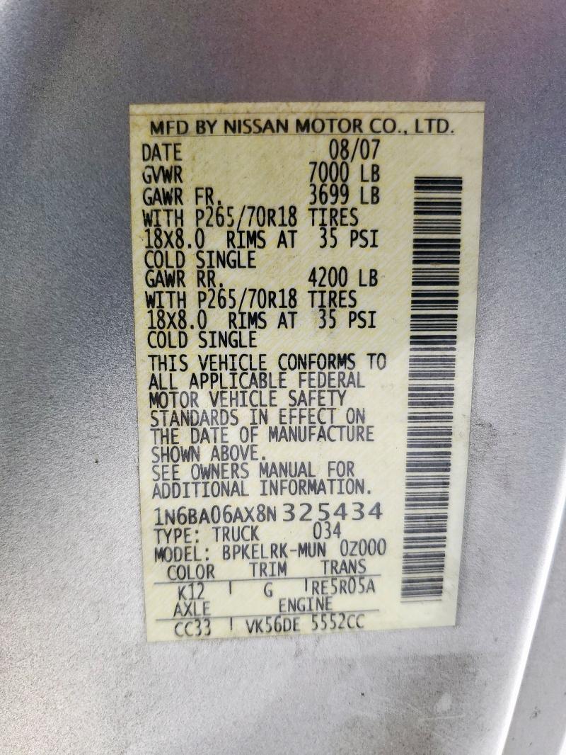 1N6BA06AX8N325434 - 2008 NISSAN TITAN XE SILVER photo 12
