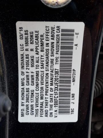 19XFC1F3XJE201387 - 2018 HONDA CIVIC EX შავი ფოტო 12