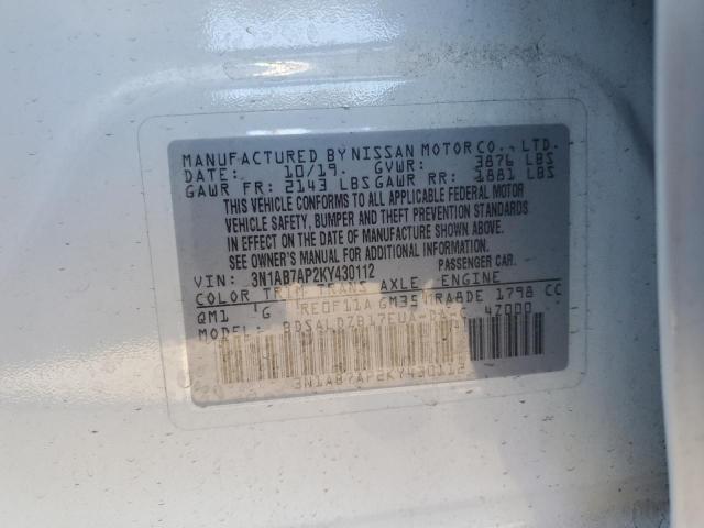 3N1AB7AP2KY430112 - 2019 NISSAN SENTRA S თეთრი ფოტო 12