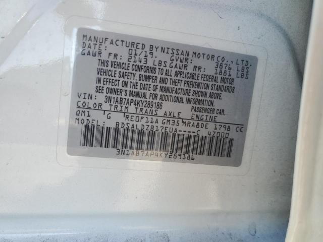 3N1AB7AP4KY289186 - 2019 NISSAN SENTRA S 白色 照片 12