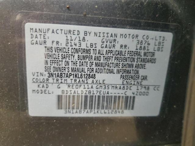 3N1AB7AP1KL612848 - 2019 NISSAN SENTRA S Сұр фото 12