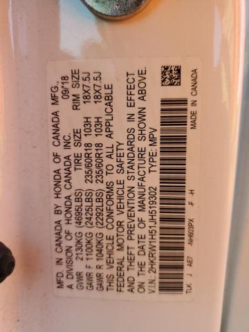 2HKRW1H51JH519302 - 2018 HONDA CR-V EX WHITE photo 13