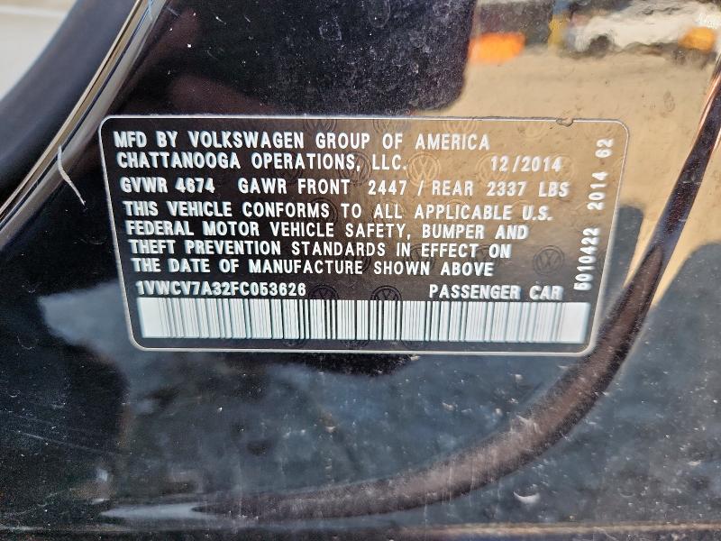 1VWCV7A32FC053626 - 2015 VOLKSWAGEN PASSAT SEL BLACK photo 12