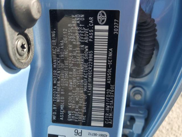 4T4BF1FK6CR229965 - 2012 TOYOTA CAMRY BASE BLUE photo 13