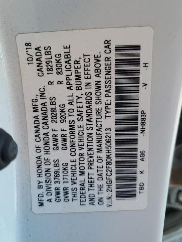 2HGFC2F80KH506213 - 2019 HONDA CIVIC SPORT WHITE photo 12