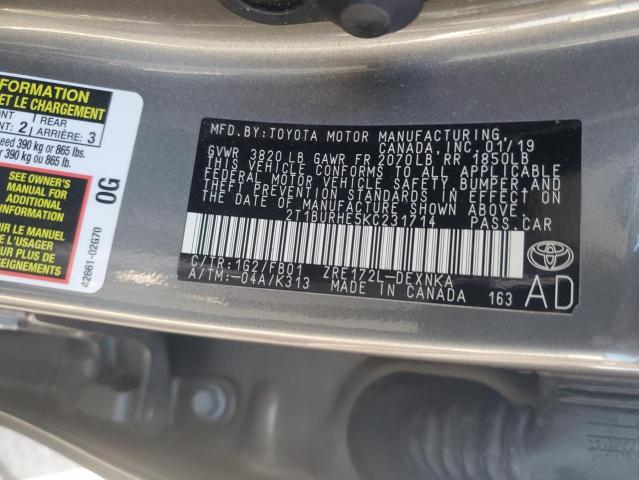 2T1BURHE5KC231714 - 2019 TOYOTA COROLLA L GRAY photo 12