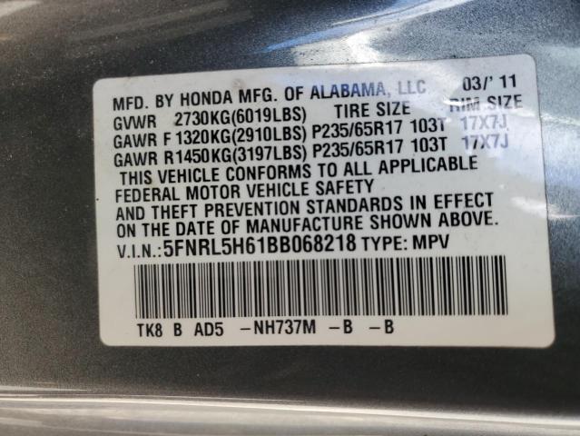5FNRL5H61BB068218 - 2011 HONDA ODYSSEY EXL GRAY photo 13