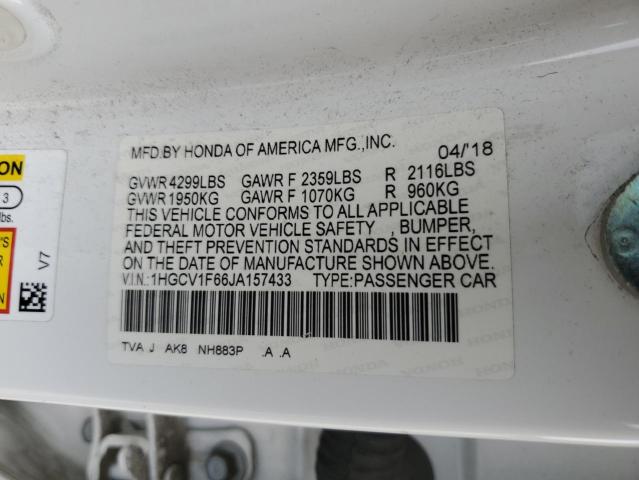 1HGCV1F66JA157433 - 2018 HONDA ACCORD EXL 白色 照片 13