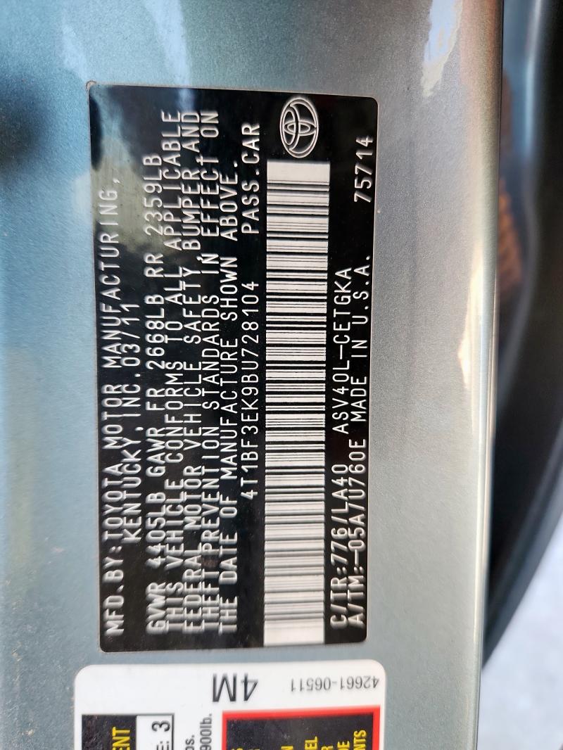 4T1BF3EK9BU728104 - 2011 TOYOTA CAMRY BASE Сұр фото 12